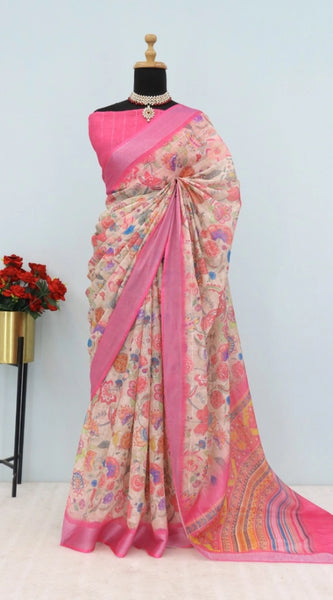 Mayawye Women's Linen Digital Print Saree With Unstitched Blouse 5.5Mtr (Pink)