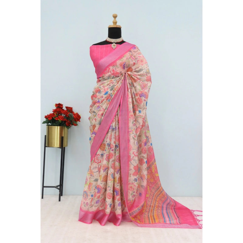 Mayawye Women's Linen Digital Print Saree With Unstitched Blouse 5.5Mtr (Pink)
