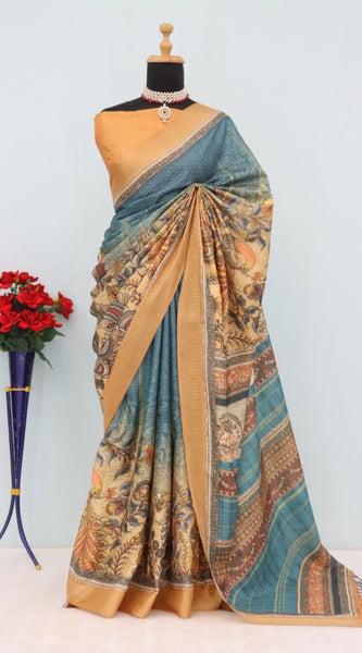Mayawye Women's Mysore Silk  Digital Print Saree With Unstitched Blouse 5.5Mtr (Blue)