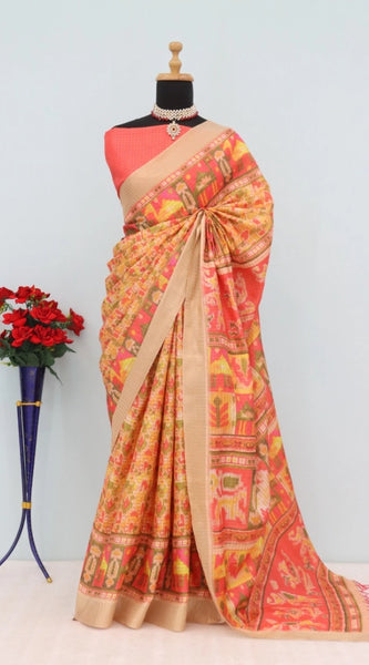 Mayawye Women's Mysore Silk  Digital Print Saree With Unstitched Blouse 5.5Mtr (Orange)