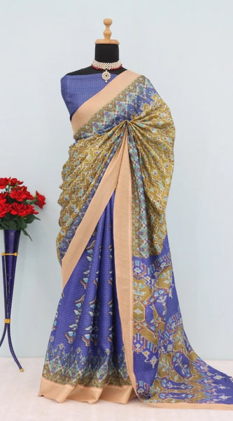 Mayawye Women's Mysore Silk  Digital Print Saree With Unstitched Blouse 5.5Mtr (Blue)