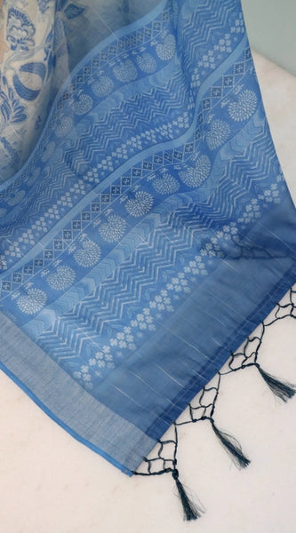 Mayawye Women's Linen Digital Print Saree With Unstitched Blouse 5.5Mtr (Blue)