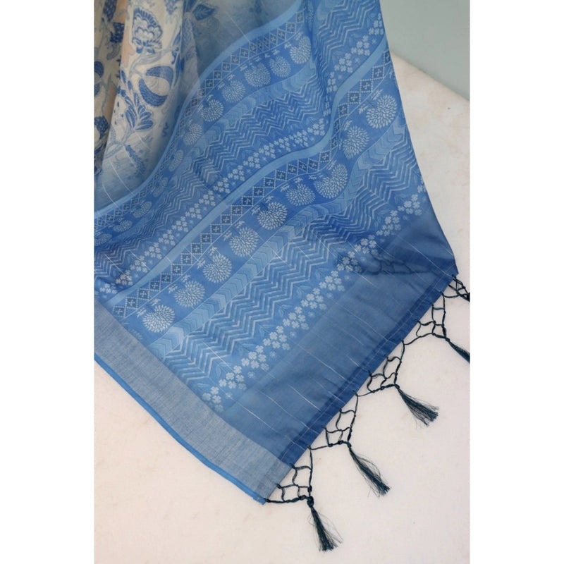 Mayawye Women's Linen Digital Print Saree With Unstitched Blouse 5.5Mtr (Blue)