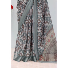 Mayawye Women's Linen Digital Print Saree With Unstitched Blouse 5.5Mtr (Grey)