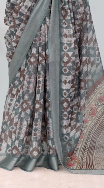Mayawye Women's Linen Digital Print Saree With Unstitched Blouse 5.5Mtr (Grey)