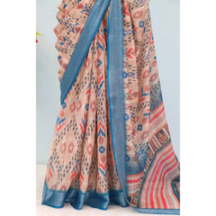 Mayawye Women's Linen Digital Print Saree With Unstitched Blouse 5.5Mtr (Multicolor)