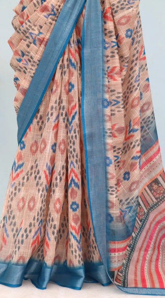 Mayawye Women's Linen Digital Print Saree With Unstitched Blouse 5.5Mtr (Multicolor)