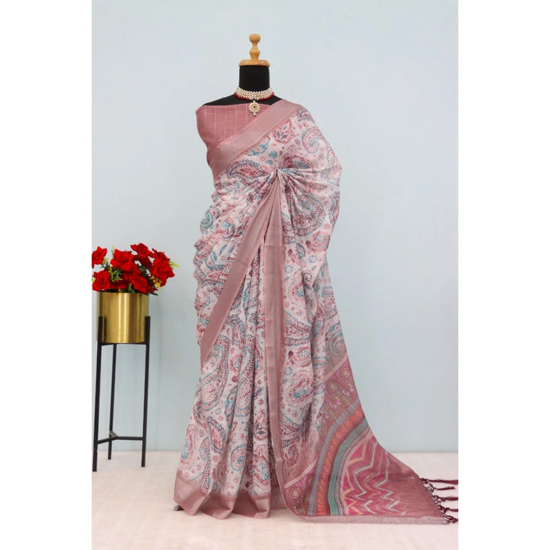 Mayawye Women's Linen Digital Print Saree With Unstitched Blouse 5.5Mtr (Brown)