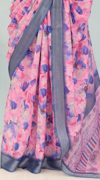 Mayawye Women's Linen Digital Print Saree With Unstitched Blouse 5.5Mtr (Multicolor)