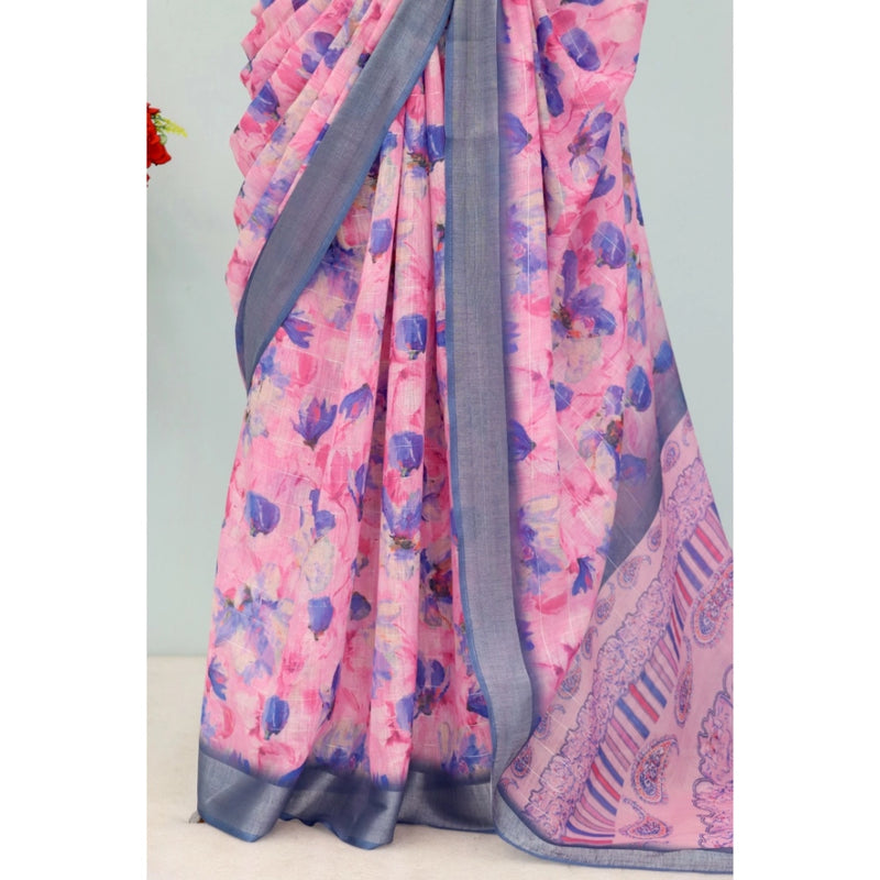 Mayawye Women's Linen Digital Print Saree With Unstitched Blouse 5.5Mtr (Multicolor)