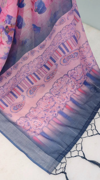 Mayawye Women's Linen Digital Print Saree With Unstitched Blouse 5.5Mtr (Multicolor)
