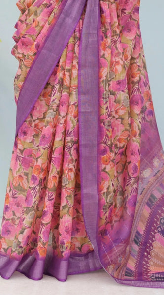 Mayawye Women's Linen Digital Print Saree With Unstitched Blouse 5.5Mtr (Purple)