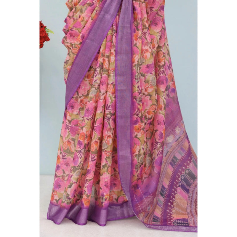 Mayawye Women's Linen Digital Print Saree With Unstitched Blouse 5.5Mtr (Purple)