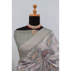 Mayawye Women's Linen Digital Print Saree With Unstitched Blouse 5.5Mtr (Grey)