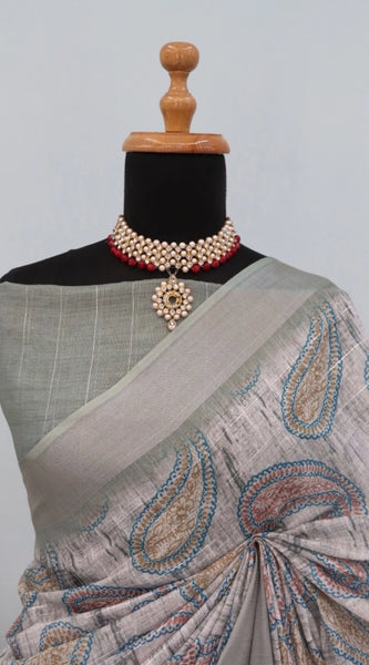 Mayawye Women's Linen Digital Print Saree With Unstitched Blouse 5.5Mtr (Grey)