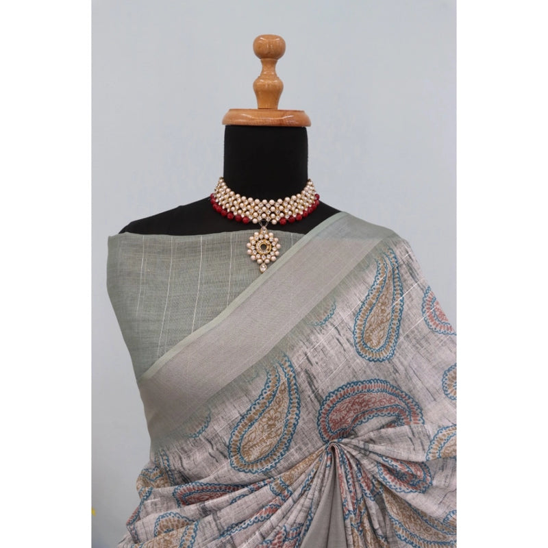 Mayawye Women's Linen Digital Print Saree With Unstitched Blouse 5.5Mtr (Grey)