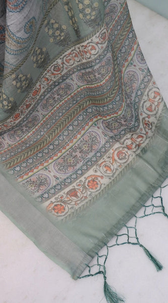 Mayawye Women's Linen Digital Print Saree With Unstitched Blouse 5.5Mtr (Grey)