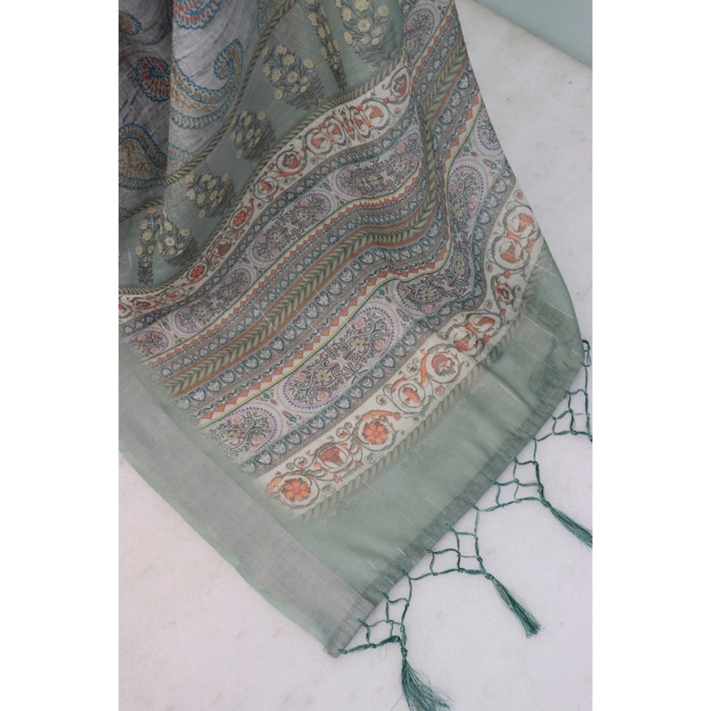 Mayawye Women's Linen Digital Print Saree With Unstitched Blouse 5.5Mtr (Grey)