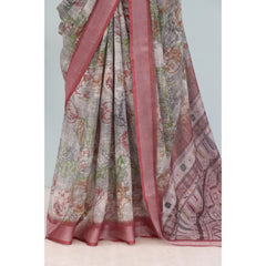 Mayawye Women's Linen Digital Print Saree With Unstitched Blouse 5.5Mtr (Multicolor)