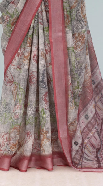 Mayawye Women's Linen Digital Print Saree With Unstitched Blouse 5.5Mtr (Multicolor)