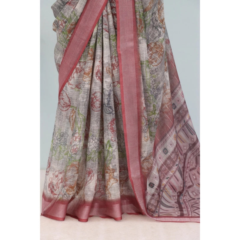 Mayawye Women's Linen Digital Print Saree With Unstitched Blouse 5.5Mtr (Multicolor)