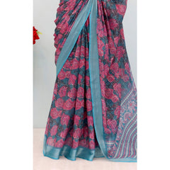 Mayawye Women's Linen Digital Print Saree With Unstitched Blouse 5.5Mtr (Blue)