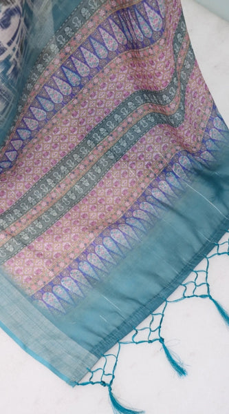 Mayawye Women's Linen Digital Print Saree With Unstitched Blouse 5.5Mtr (Green)