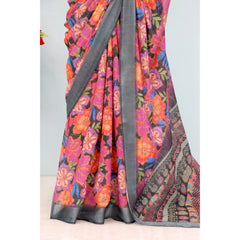 Mayawye Women's Linen Digital Print Saree With Unstitched Blouse 5.5Mtr (Grey)