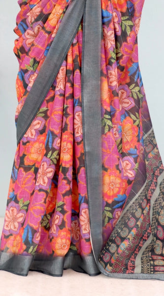 Mayawye Women's Linen Digital Print Saree With Unstitched Blouse 5.5Mtr (Grey)