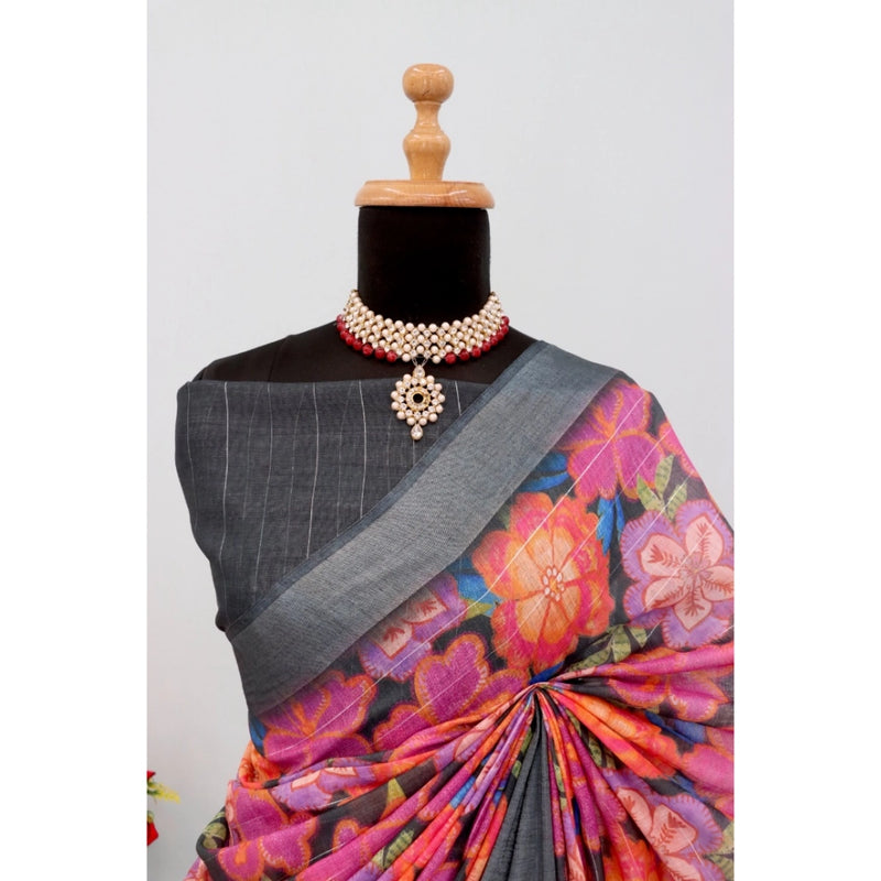 Mayawye Women's Linen Digital Print Saree With Unstitched Blouse 5.5Mtr (Grey)