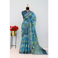 Mayawye Women's Linen Digital Print Saree With Unstitched Blouse 5.5Mtr (Green)