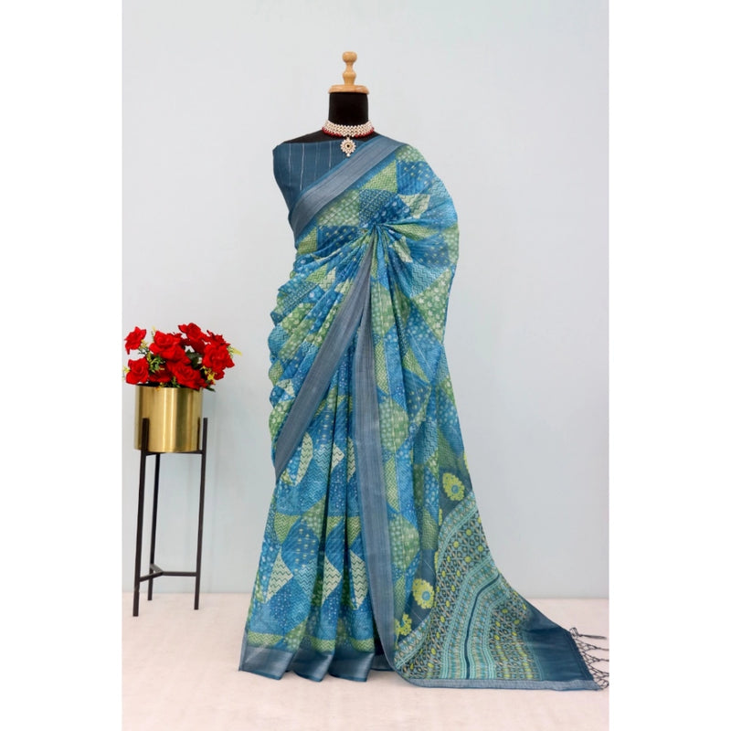 Mayawye Women's Linen Digital Print Saree With Unstitched Blouse 5.5Mtr (Green)