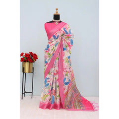 Mayawye Women's Linen Digital Print Saree With Unstitched Blouse 5.5Mtr (pink)