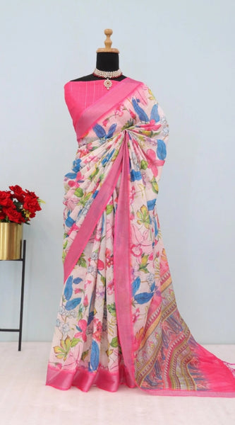 Mayawye Women's Linen Digital Print Saree With Unstitched Blouse 5.5Mtr (pink)