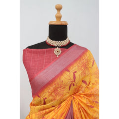 Mayawye Women's Linen Digital Print Saree With Unstitched Blouse 5.5Mtr (Mustard)