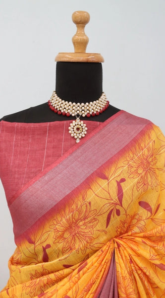 Mayawye Women's Linen Digital Print Saree With Unstitched Blouse 5.5Mtr (Mustard)