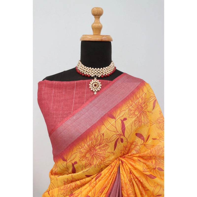Mayawye Women's Linen Digital Print Saree With Unstitched Blouse 5.5Mtr (Mustard)
