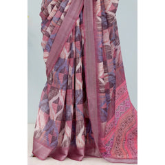 Mayawye Women's Linen Digital Print Saree With Unstitched Blouse 5.5Mtr (Pink)