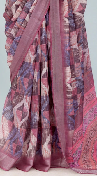 Mayawye Women's Linen Digital Print Saree With Unstitched Blouse 5.5Mtr (Pink)