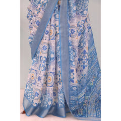 Mayawye Women's Linen Digital Print Saree With Unstitched Blouse 5.5Mtr (Blue)