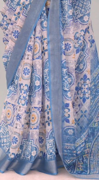 Mayawye Women's Linen Digital Print Saree With Unstitched Blouse 5.5Mtr (Blue)