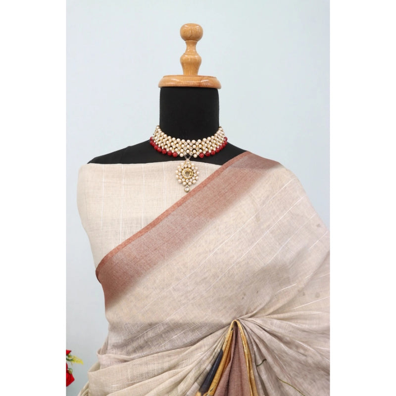 Mayawye Women's Linen Digital Print Saree With Unstitched Blouse 5.5Mtr (Multicolor)