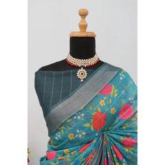 Mayawye Women's Linen Digital Print Saree With Unstitched Blouse 5.5Mtr (Green)