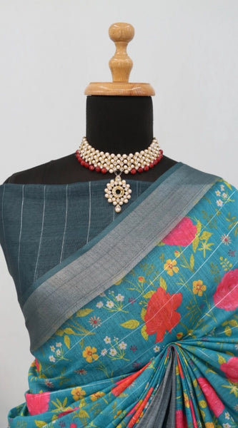 Mayawye Women's Linen Digital Print Saree With Unstitched Blouse 5.5Mtr (Green)