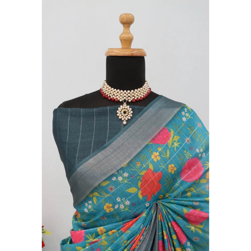 Mayawye Women's Linen Digital Print Saree With Unstitched Blouse 5.5Mtr (Green)