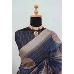 Mayawye Women's Linen Digital Print Saree With Unstitched Blouse 5.5Mtr (Blue)