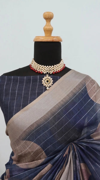 Mayawye Women's Linen Digital Print Saree With Unstitched Blouse 5.5Mtr (Blue)