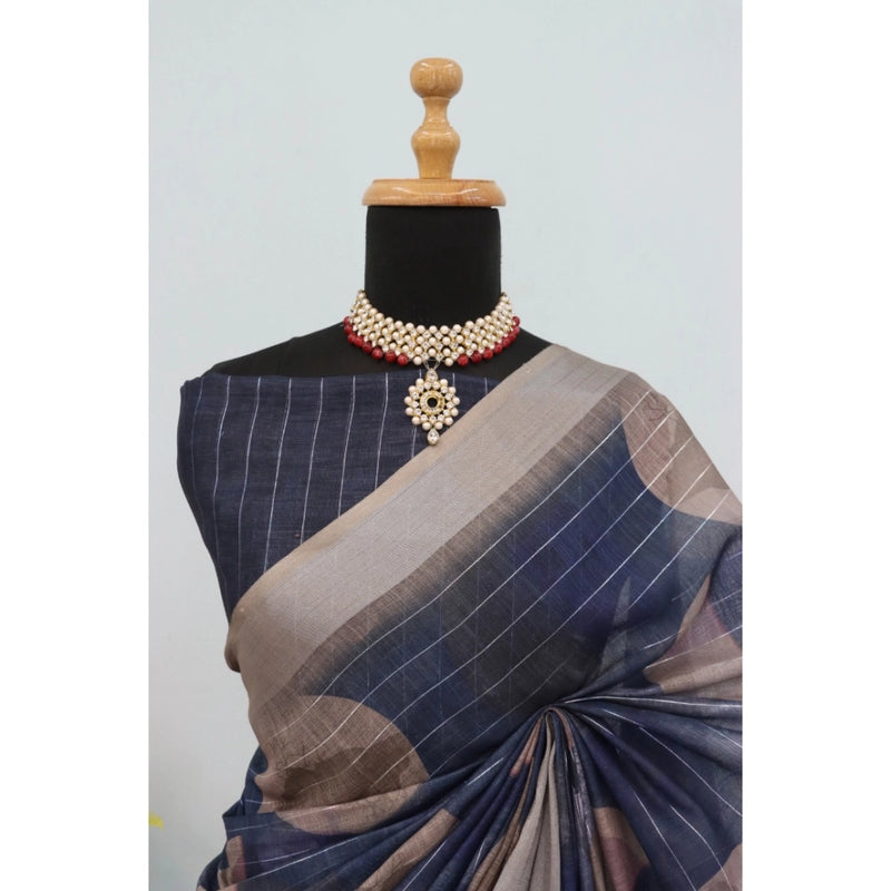 Mayawye Women's Linen Digital Print Saree With Unstitched Blouse 5.5Mtr (Blue)
