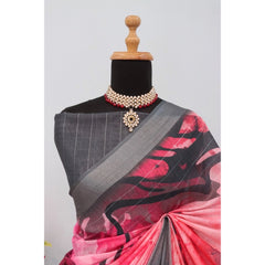 Mayawye Women's Linen Digital Print Saree With Unstitched Blouse 5.5Mtr (Pink)