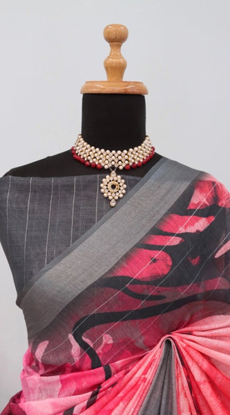 Mayawye Women's Linen Digital Print Saree With Unstitched Blouse 5.5Mtr (Pink)